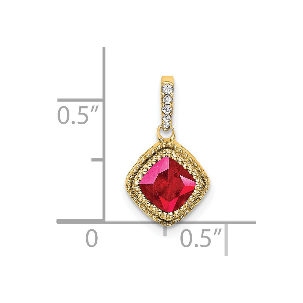 14K Yellow Gold Cushion Ruby and Real Diamond Pendant