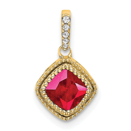 14K Yellow Gold Cushion Ruby and Real Diamond Pendant