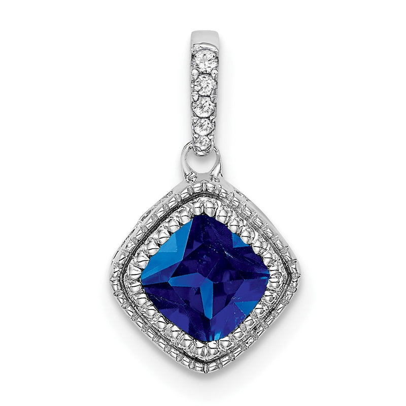 14k White Gold Cushion Sapphire and Real Diamond Pendant
