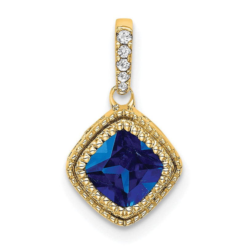 14K Yellow Gold Cushion Sapphire and Real Diamond Pendant