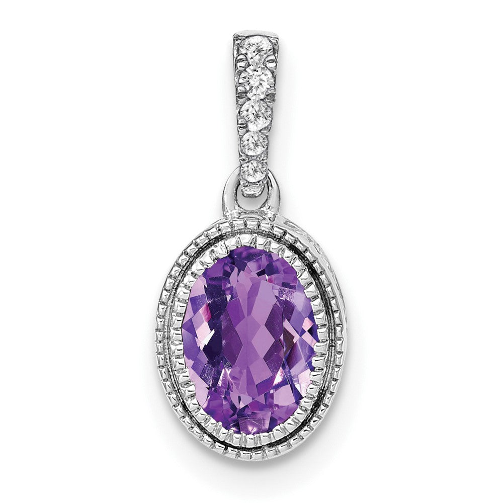 14k White Gold Oval Amethyst and Real Diamond Pendant