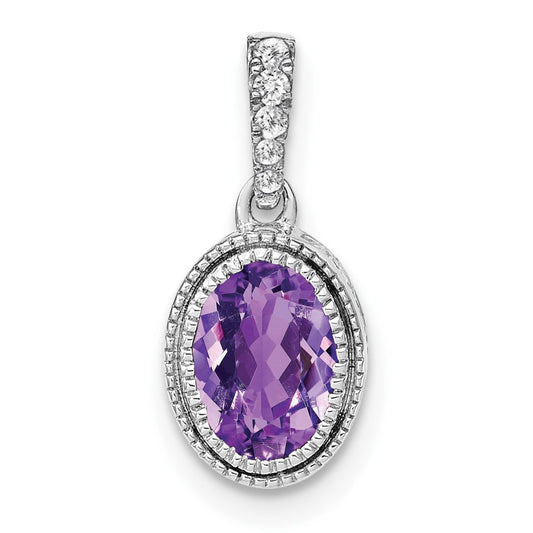 14k White Gold Oval Amethyst and Real Diamond Pendant