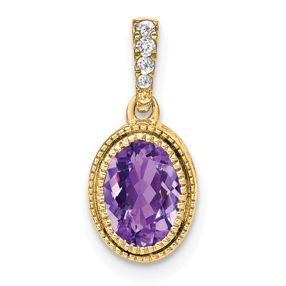 14K Yellow Gold Oval Amethyst and Real Diamond Pendant