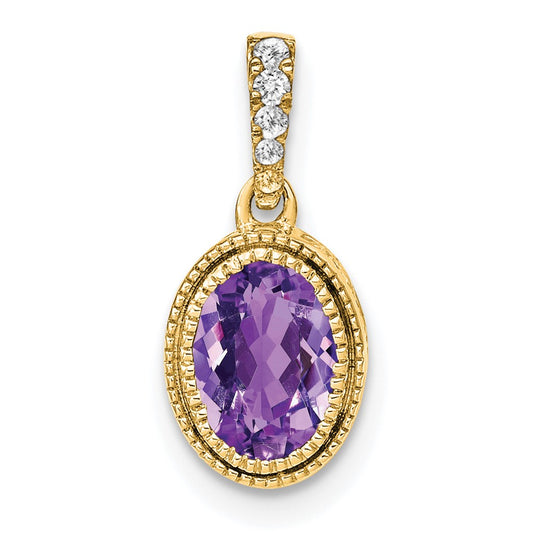 14K Yellow Gold Oval Amethyst and Real Diamond Pendant