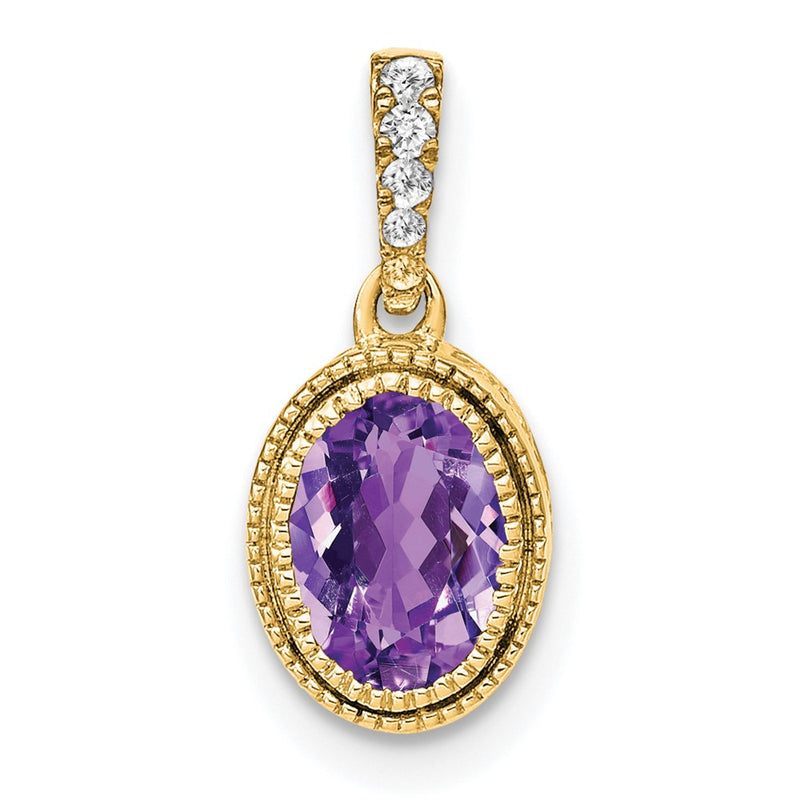 14K Yellow Gold Oval Amethyst and Real Diamond Pendant