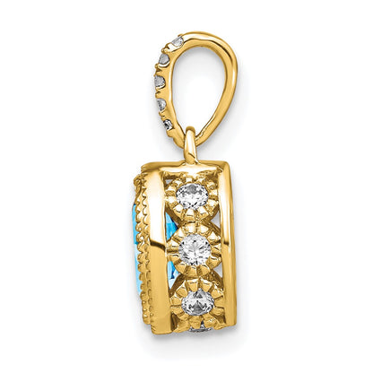 14K Yellow Gold Oval Blue Topaz and Real Diamond Pendant