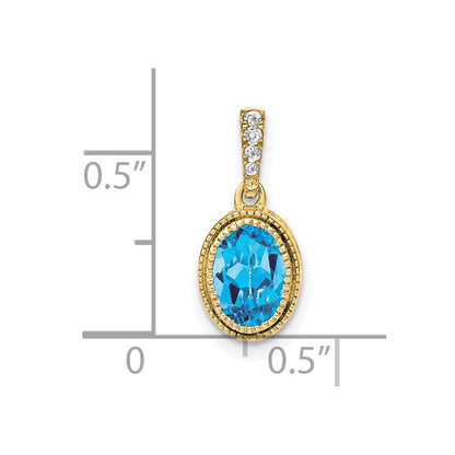 14K Yellow Gold Oval Blue Topaz and Real Diamond Pendant