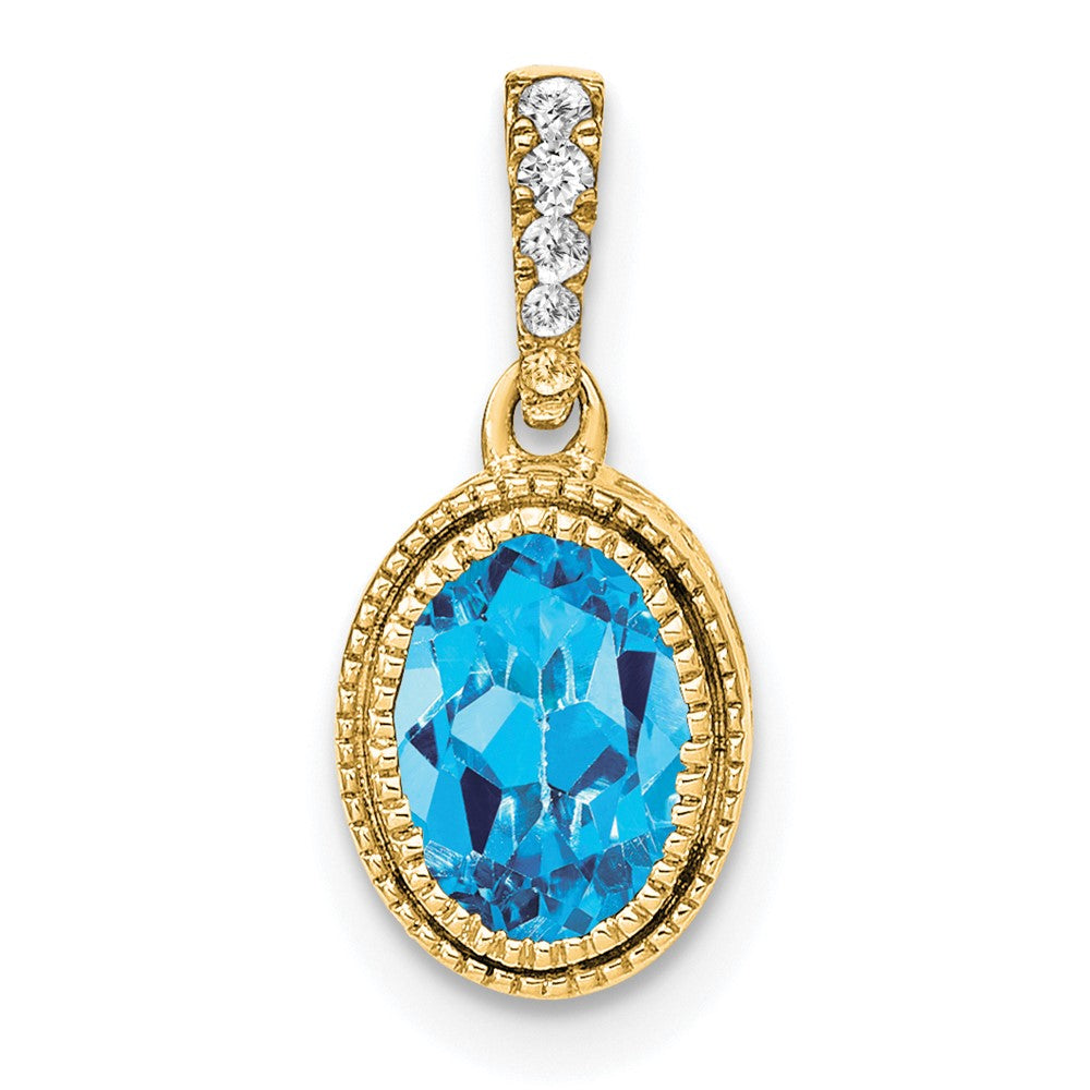 14K Yellow Gold Oval Blue Topaz and Real Diamond Pendant
