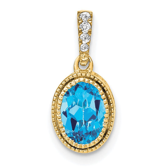 14K Yellow Gold Oval Blue Topaz and Real Diamond Pendant