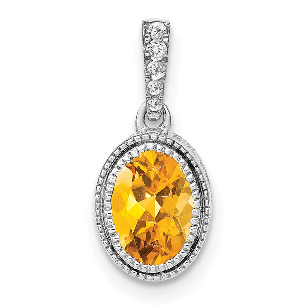 14k White Gold Oval Citrine and Real Diamond Pendant