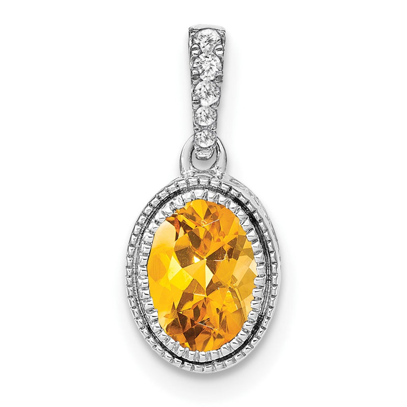 14k White Gold Oval Citrine and Real Diamond Pendant