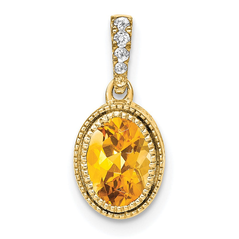 14K Yellow Gold Oval Citrine and Real Diamond Pendant