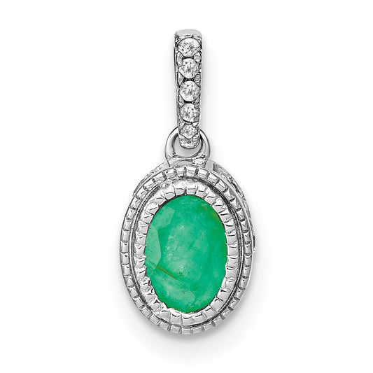 14k White Gold Oval Emerald and Real Diamond Pendant