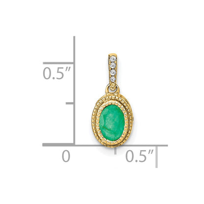 14K Yellow Gold Oval Emerald and Real Diamond Pendant