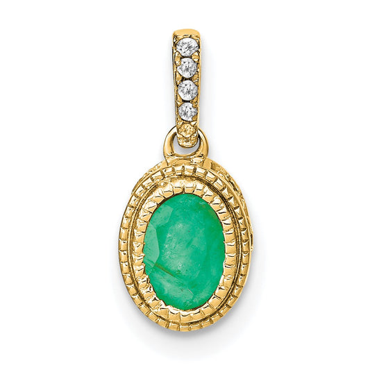 14K Yellow Gold Oval Emerald and Real Diamond Pendant