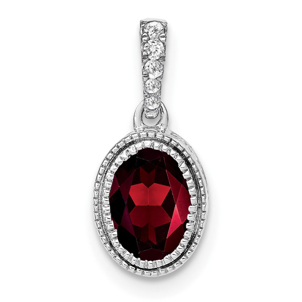 14k White Gold Oval Garnet and Real Diamond Pendant