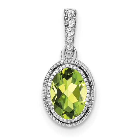 14k White Gold Oval Peridot and Real Diamond Pendant