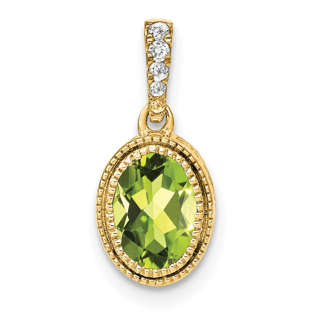 14K Yellow Gold Oval Peridot and Real Diamond Pendant