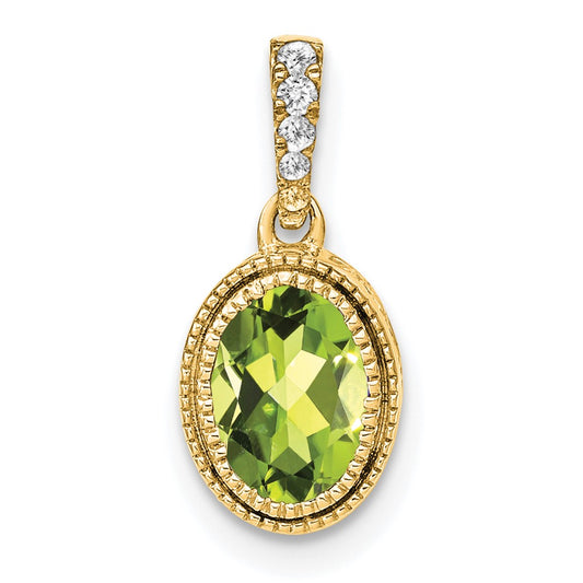 14K Yellow Gold Oval Peridot and Real Diamond Pendant
