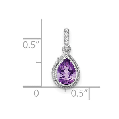 14k White Gold Pear Amethyst and Real Diamond Pendant