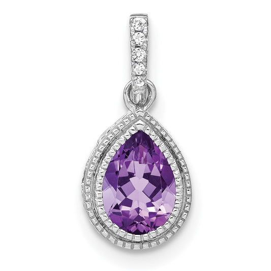 14k White Gold Pear Amethyst and Real Diamond Pendant