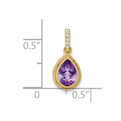 14K Yellow Gold Pear Amethyst and Real Diamond Pendant