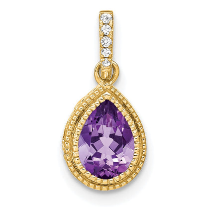 14K Yellow Gold Pear Amethyst and Real Diamond Pendant