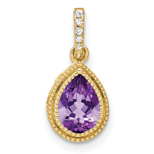 14K Yellow Gold Pear Amethyst and Real Diamond Pendant