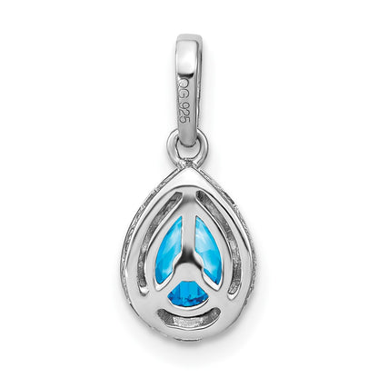 14k White Gold Pear Blue Topaz and Real Diamond Pendant