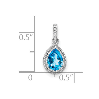 14k White Gold Pear Blue Topaz and Real Diamond Pendant