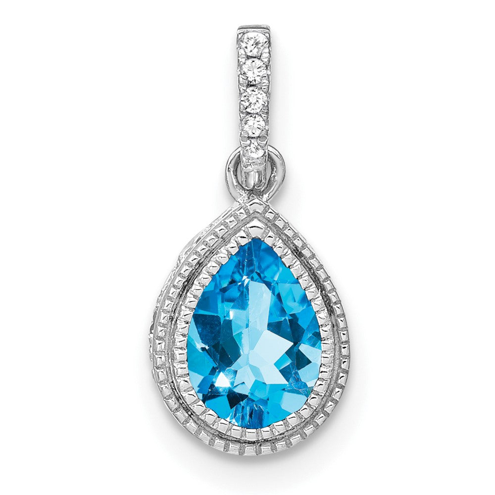 14k White Gold Pear Blue Topaz and Real Diamond Pendant