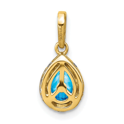 14K Yellow Gold Pear Blue Topaz and Real Diamond Pendant