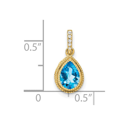 14K Yellow Gold Pear Blue Topaz and Real Diamond Pendant