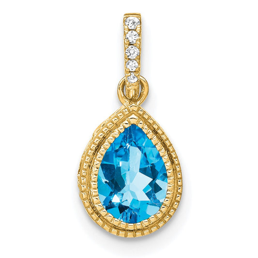 14K Yellow Gold Pear Blue Topaz and Real Diamond Pendant