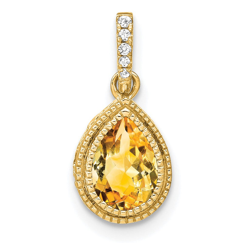 14K Yellow Gold Pear Citrine and Real Diamond Pendant