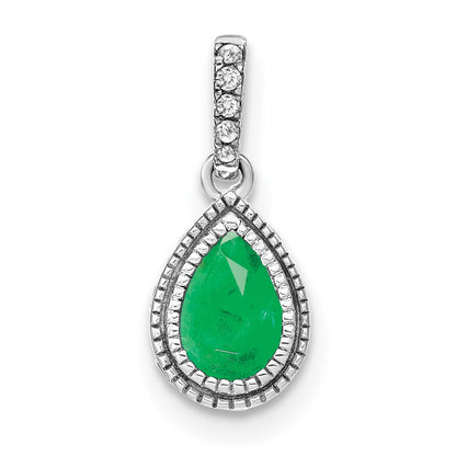 14k White Gold Pear Emerald and Real Diamond Pendant