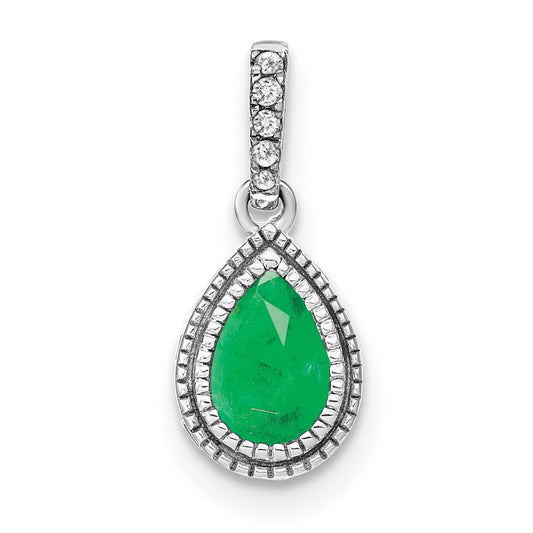 14k White Gold Pear Emerald and Real Diamond Pendant