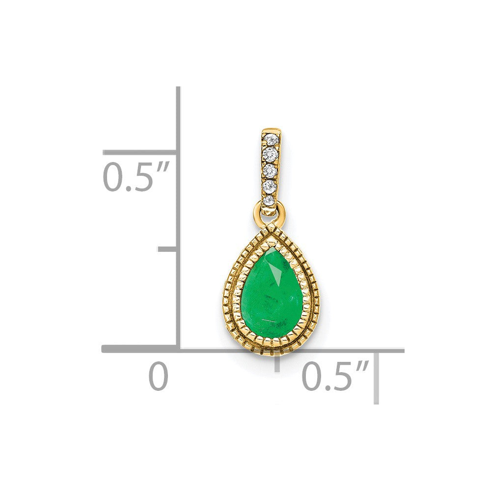 14K Yellow Gold Pear Emerald and Real Diamond Pendant