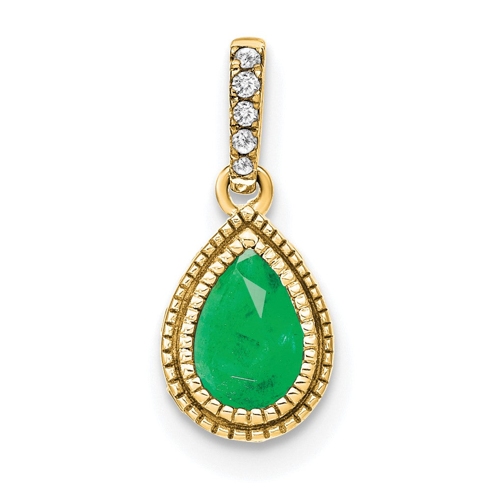 14K Yellow Gold Pear Emerald and Real Diamond Pendant