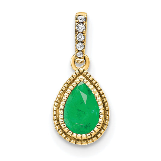 14K Yellow Gold Pear Emerald and Real Diamond Pendant