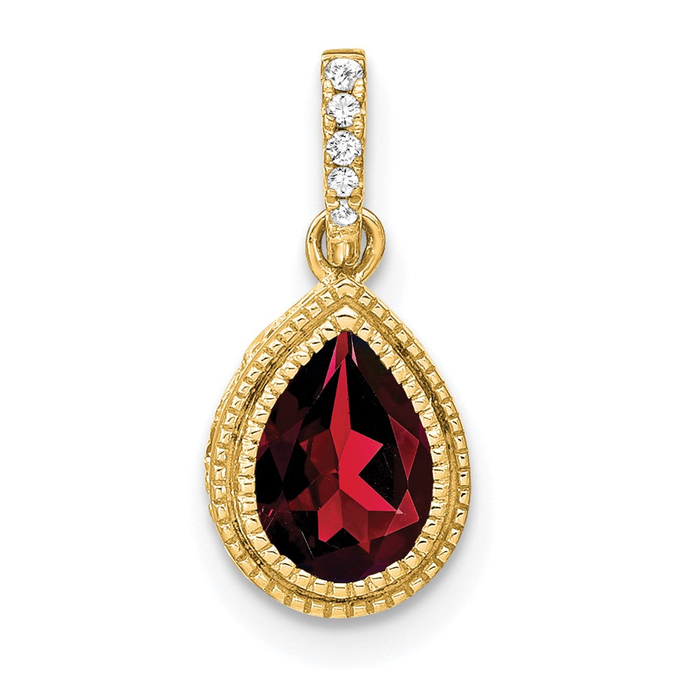 14K Yellow Gold Pear Garnet and Real Diamond Pendant