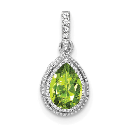 14k White Gold Pear Peridot and Real Diamond Pendant