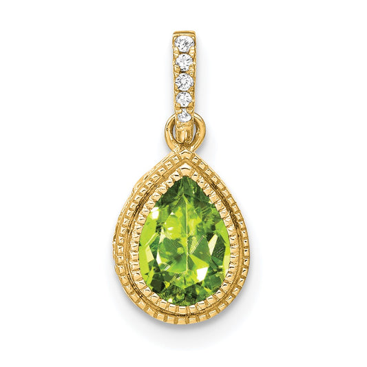14K Yellow Gold Pear Peridot and Real Diamond Pendant