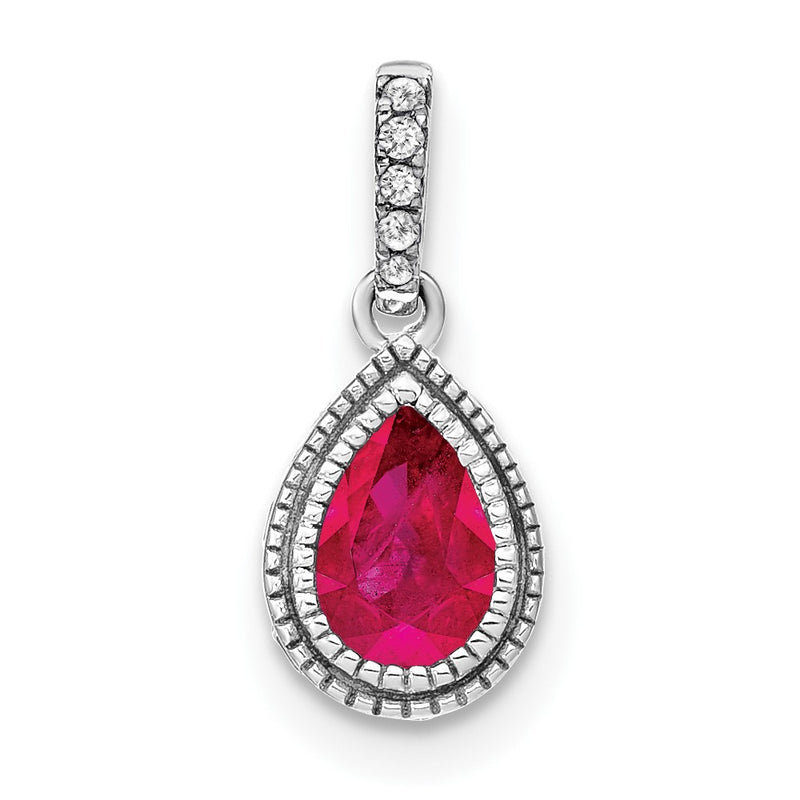 14k White Gold Pear Ruby and Real Diamond Pendant