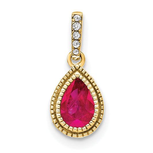 14K Yellow Gold Pear Ruby and Real Diamond Pendant