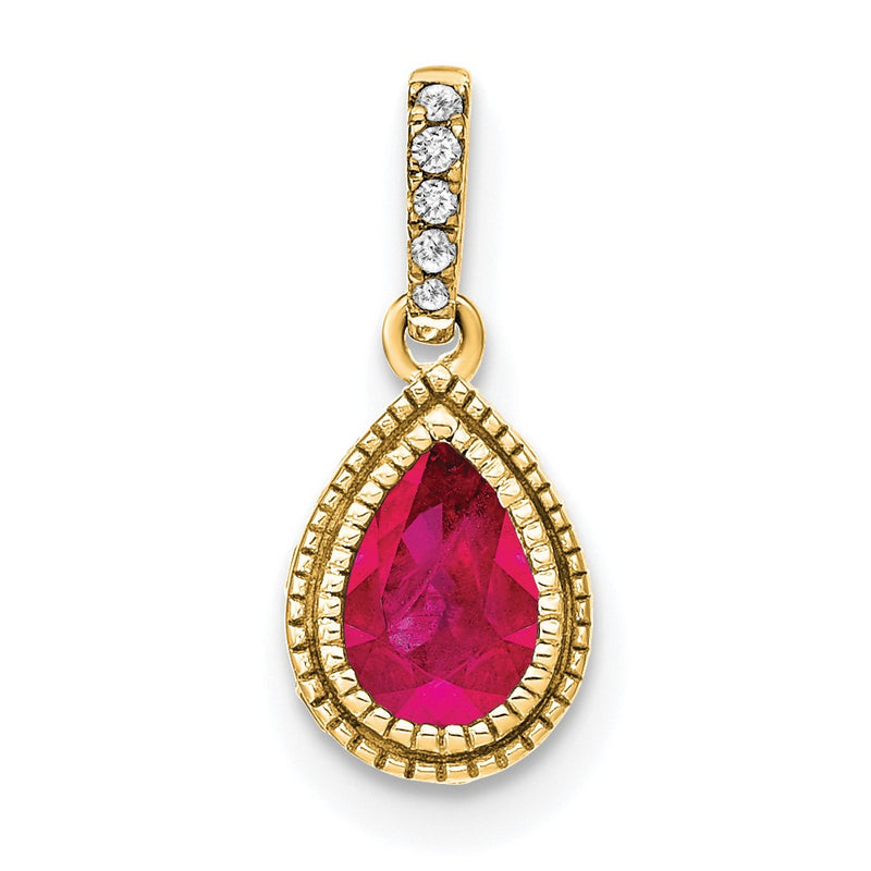 14K Yellow Gold Pear Ruby and Real Diamond Pendant