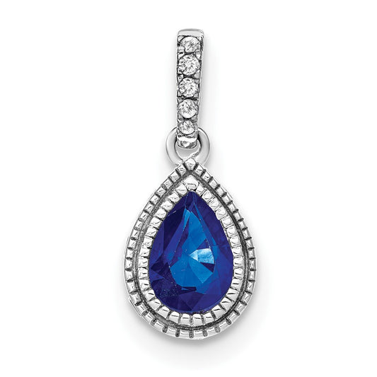 14k White Gold Pear Sapphire and Real Diamond Pendant