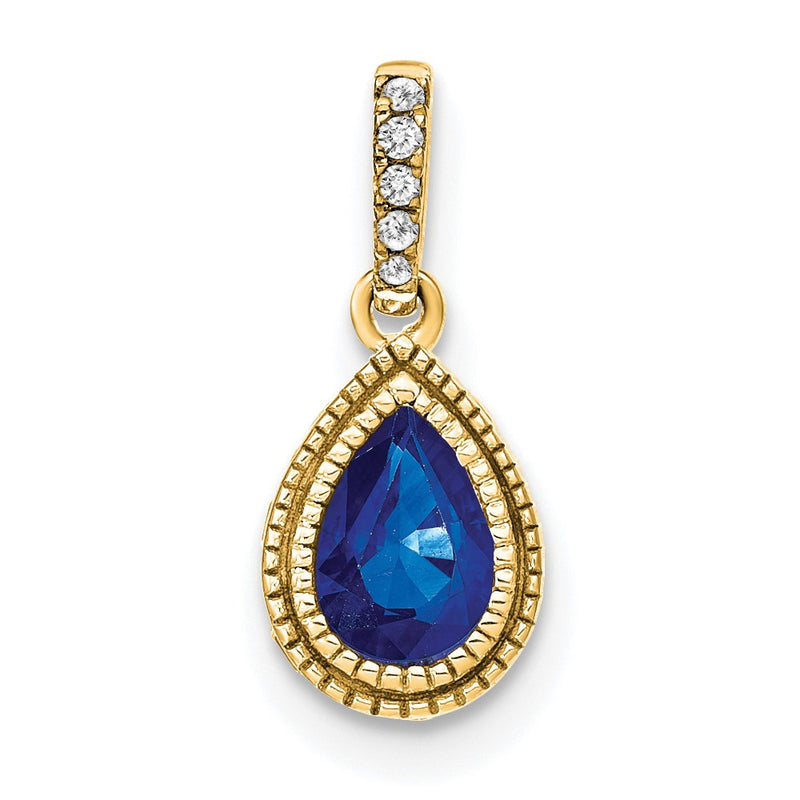 14K Yellow Gold Pear Sapphire and Real Diamond Pendant