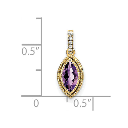 14K Yellow Gold Marquise Amethyst and Real Diamond Pendant