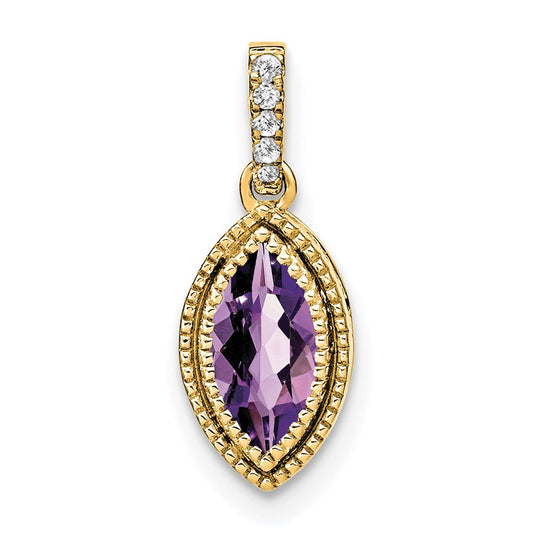 14K Yellow Gold Marquise Amethyst and Real Diamond Pendant